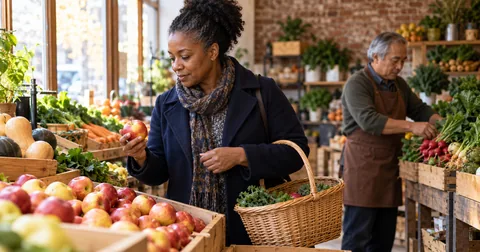 Shopper choosing an apple while a shopkeeper arranges vegetables