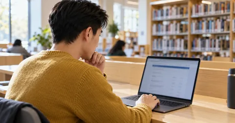 Man using a laptop at a public library workstation