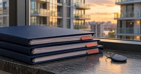 Condo document folders and an access fob beside a window overlooking apartments