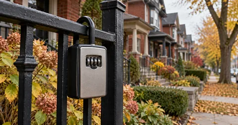 Realtor lockbox on a porch railing beside a row of brick homes