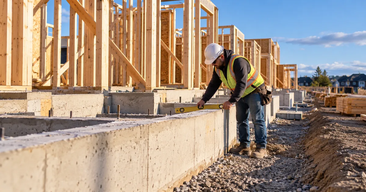 Construction worker checking a concrete foundation beside new townhouse framing