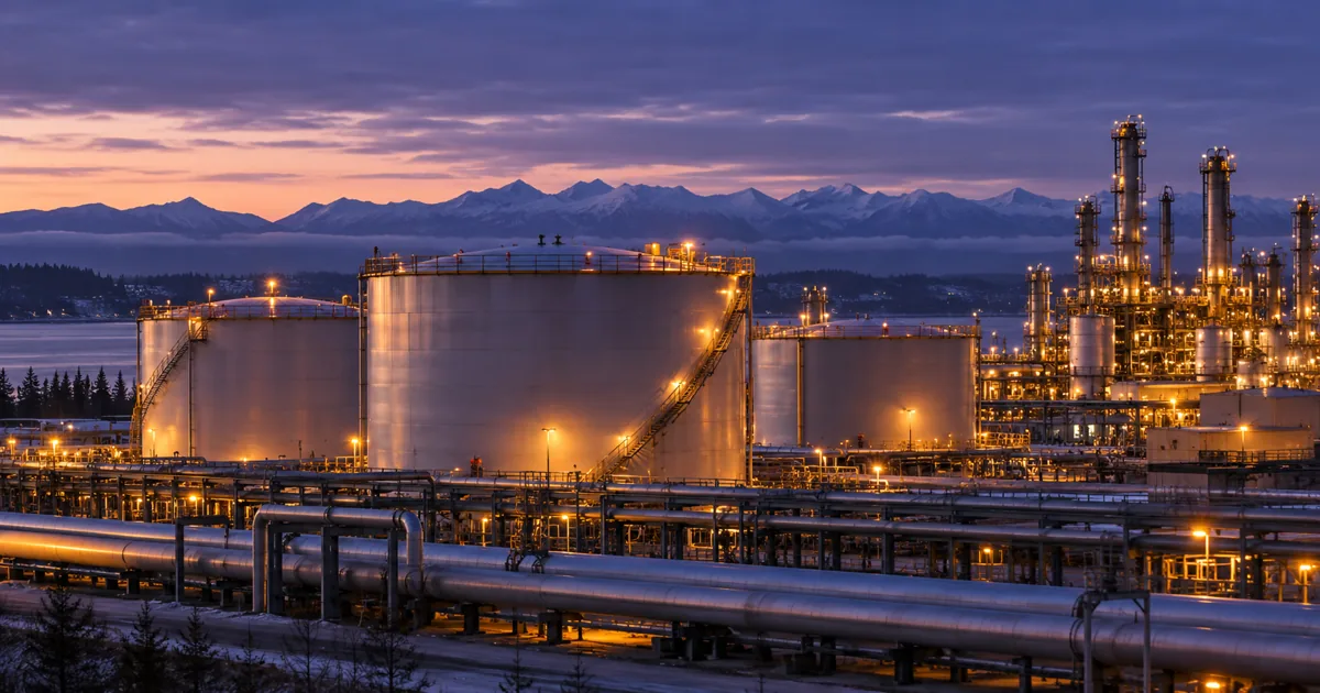 Oil storage tanks and pipes at an illuminated industrial energy terminal