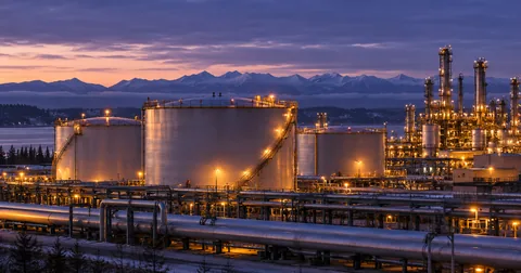 Oil storage tanks and pipes at an illuminated industrial energy terminal