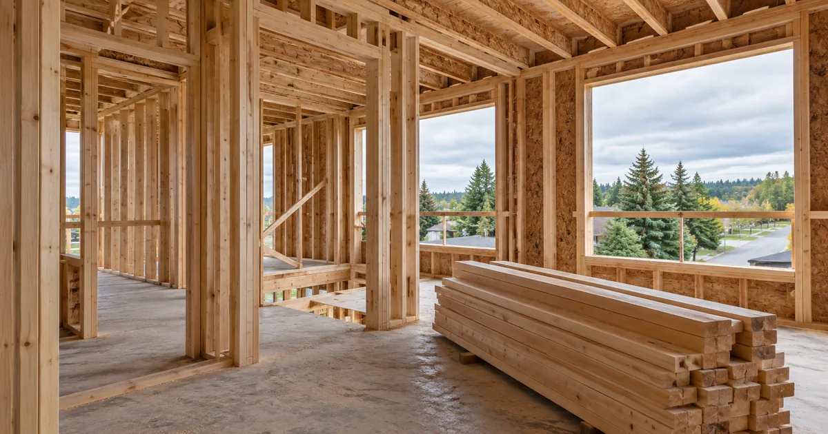 Unfinished low-rise townhouse framing with a stack of lumber in the foreground