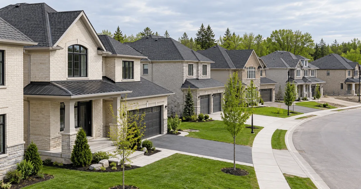 Recently completed detached houses along a quiet residential crescent