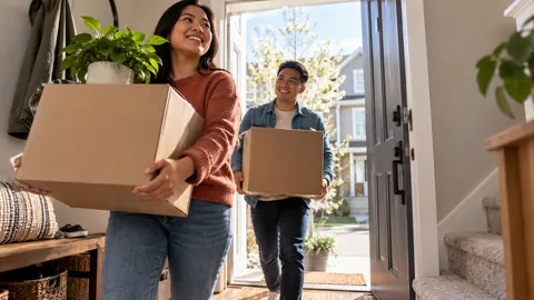 Couple carrying moving boxes into their new home