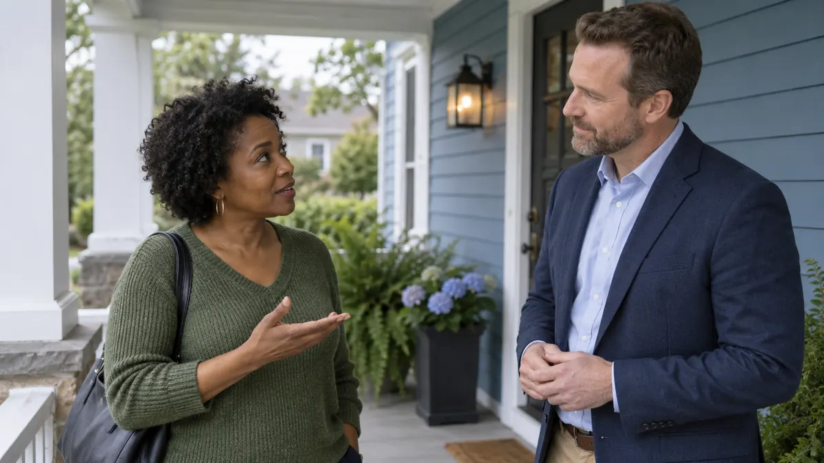 Homebuyer asking a real estate agent questions on a porch