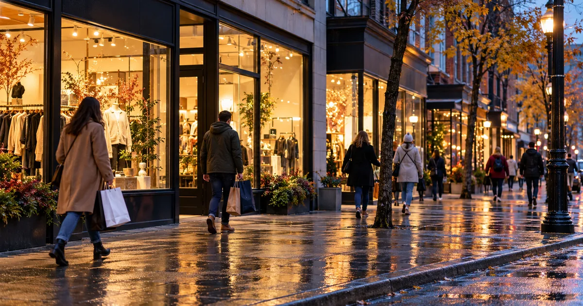 Shoppers walking along a Canadian retail street at dusk after rain